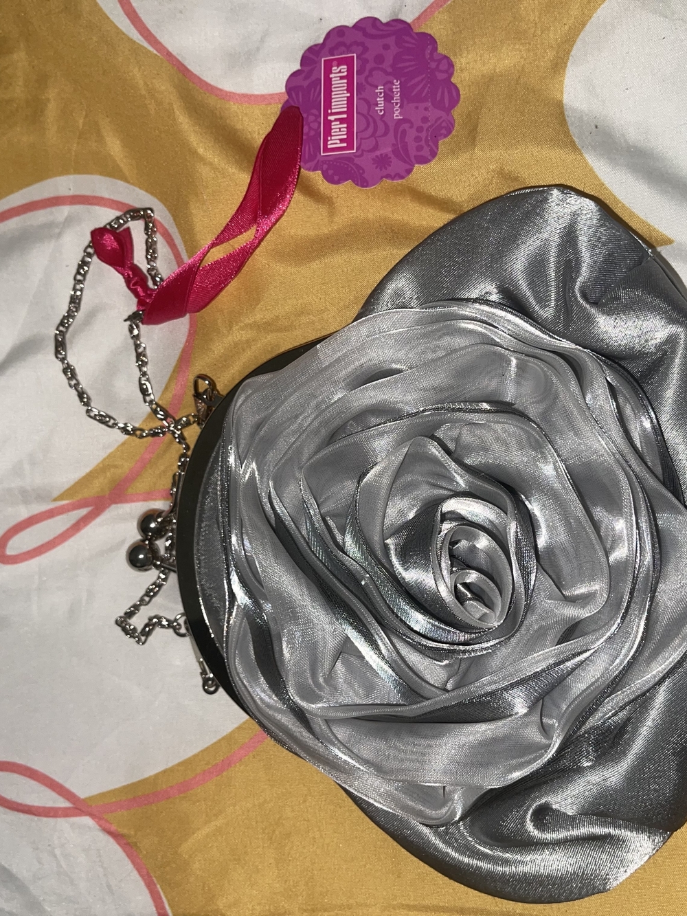 Pier 1 Silver Satin Rose Evening Wristlet